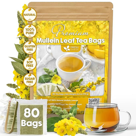 FreshDrinkUS, Premium 80 Mullein Leaf Tea Bags – 100% Natural, Pure, & Caffeine-Free Herbal Tea for Lung – Loose Leaf, No Sugar, Vegan, Gluten-Free, Made with Natural Material Tea Bags