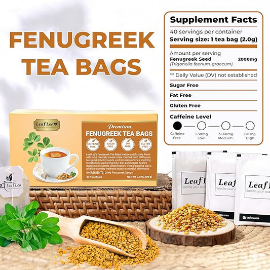 LeafLea 40 Natural Fenugreek Seed Tea Bags, 100% Pure from Fenugreek Seeds, Herbal Tea Infusion, Fenogreco Tea with Distinct Aroma and Smooth Flavor, Caffeine-Free, Individually Wrapped for Freshness