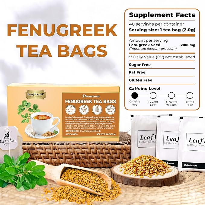 LeafLea 80 Premium Fenugreek Tea Bags, Natural Fenugreek Seed for Toasty Flavor & Sweet Aroma, Fenogreco Tea with Gentle Warmth, Caffeine-Free, Sugar-Free, Vegan, Individually Wrapped for Freshness