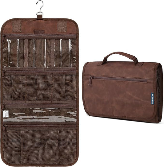 PAVILIA Hanging Toiletry Bag Men Women, Travel Kit Foldable Large Toiletries Organizer, Roll up Cosmetics Makeup Bag Accessories, Waterproof Essentials Dopp Case (Brown)