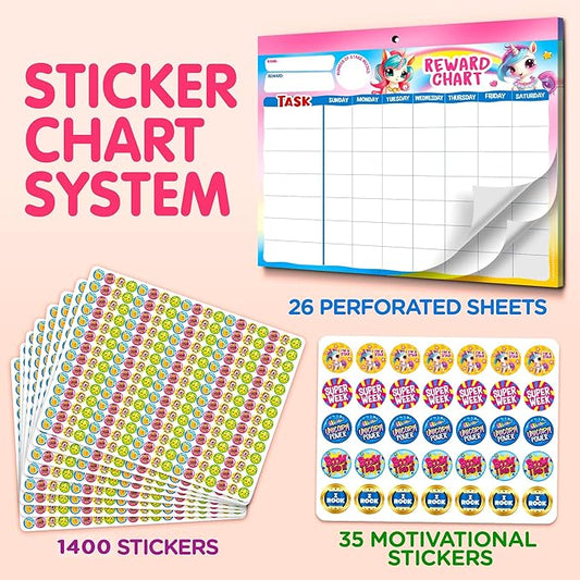 Behavior Reward System - Pad with 26 Chore Charts for Kids, 1400 Stickers to Motivate Responsibility & Good Habits (Unicorn)