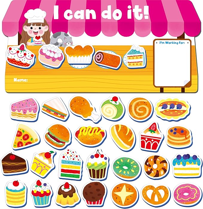 “I CAN DO IT” Token Board, Magnetic Reward Chart with 31 Snack Magnets, Market-Themed Reward System Board, Incentive Chart for Good Behavior and Responsibility, Great for Toddlers, Kids, Students