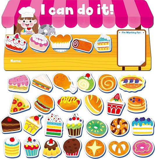 “I CAN DO IT” Token Board, Magnetic Reward Chart with 31 Snack Magnets, Market-Themed Reward System Board, Incentive Chart for Good Behavior and Responsibility, Great for Toddlers, Kids, Students