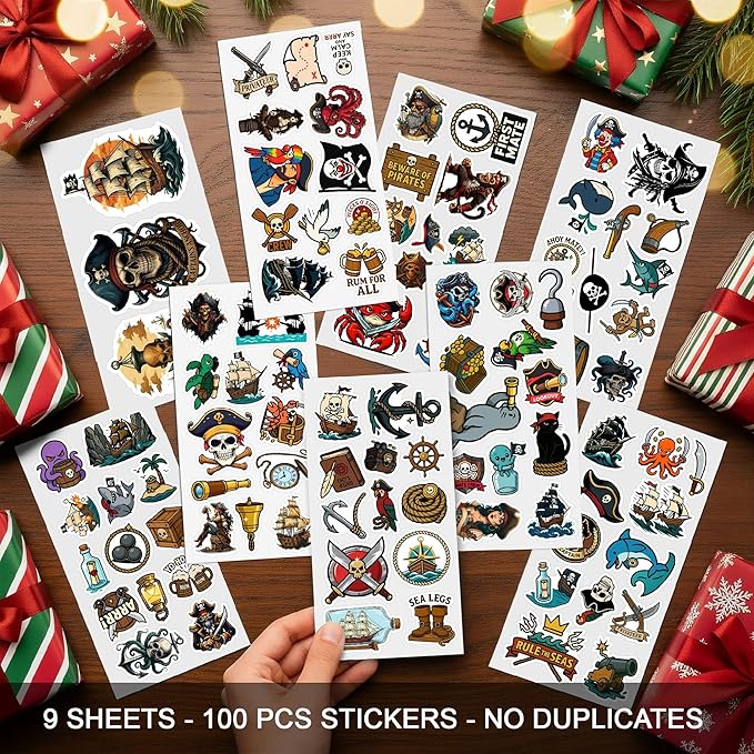100 PCS Pirate Stickers Pack – Funny Adventure Vinyl Waterproof Decals with Ships, Treasure Maps, Sea Creatures for Laptop, Water Bottle, Car, Scrapbook, Kids, Adults Gifts