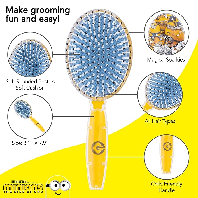 Minions Kids Hair Brush with Sparkling Stars Confetti - Ages 3+
