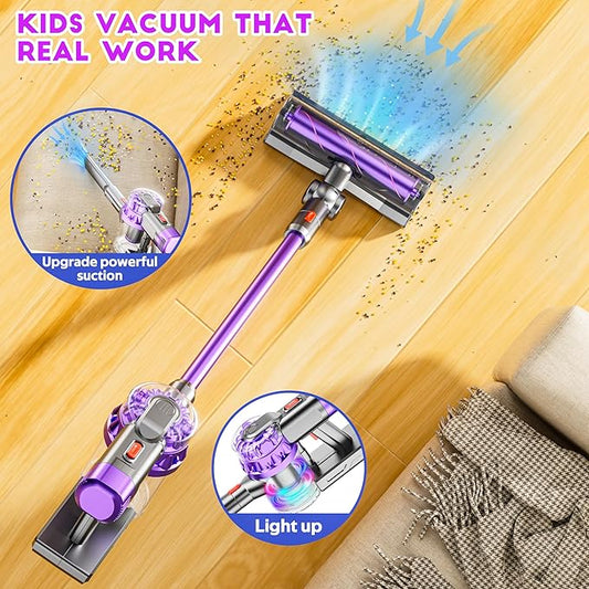 4-in-1 Kids Toy Vacuum That Really Works, Toddler Pretend Play Cleaning Set with Real Suction, Toys Working Cleaner Birthday Idea for 3 4 5 6 7+ Year Girl Boy (Purple)