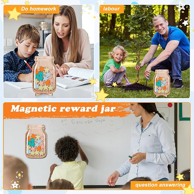 Magnetic Reward Jar, Star Reward Jar Set for Kids Potty Training Reward Jar System for Classroom, Magnetic Reward Jar for Classroom Board Behavior Management Home Reward Jar (Natural Wood)