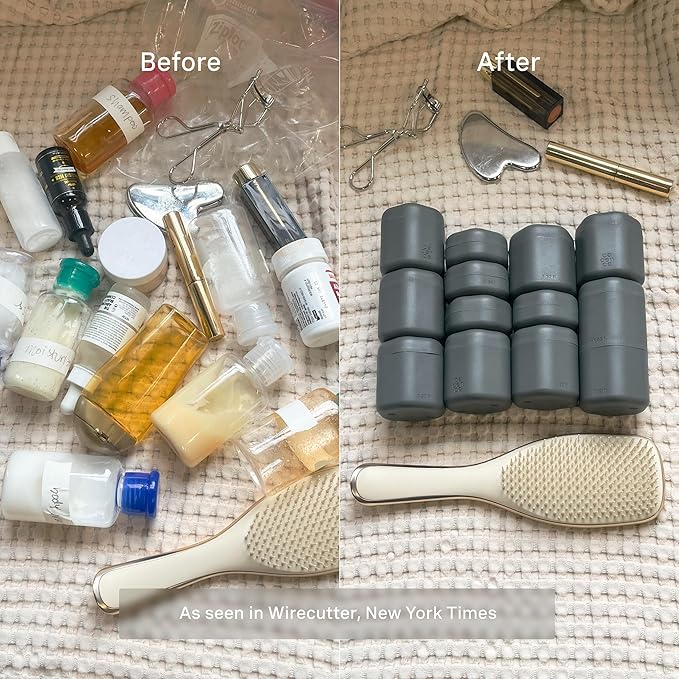 Cadence Travel Containers - Core Skincare Set - Magnetic Containers with Lids,2 Small (0.56oz) & 3 Medium (1.32oz) - Cleanser, Moisturizer, Serum, Makeup Remover & Sun Icon Labels - Charcoal