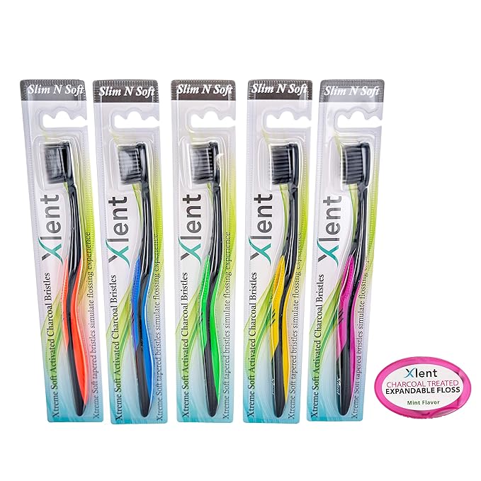 Xlent Dental Activated Charcoal Bristle Toothbrush - Xtreme (Extreme) Soft, Ultrafine, Tapered bristles, Compact Head and Slim Design (5 Toothbrush + 1 Floss 5 m)