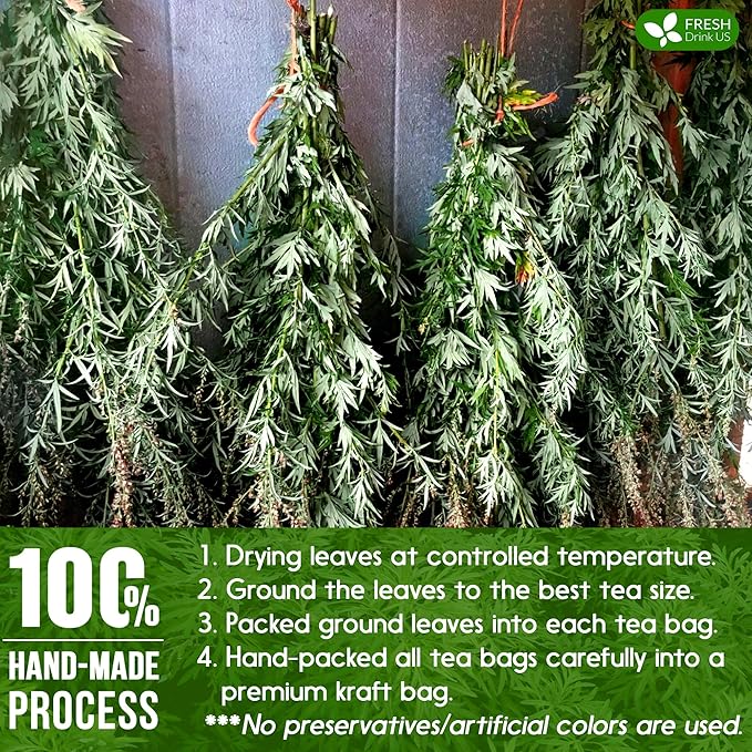 FreshDrinkUS, Premium 45 Mugwort Leaf Tea Bags, 100% Natural and Pure Mugwort Leaves. No Sugar, No Caffeine, No Gluten, Vegan. (45 Tea Bags)