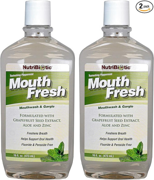 NutriBiotic MouthFresh, Refreshing Peppermint 16 Oz. Twin Pack | Natural Mouthwash & Gargle with Grapefruit Seed Extract, Aloe, Zinc & Witch Hazel | Fluoride-Free & Made Without GMOs & Gluten