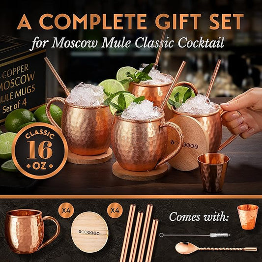 Gift Set Moscow Mule Mugs Set Of 4 16 oz Solid Cooper, 100% Pure Copper Cups HANDCRAFTED, BONUS 4 Straws, 4 Wood Coasters, Stirring Spoon, Shot Glass and Cleaning brush (Oval)