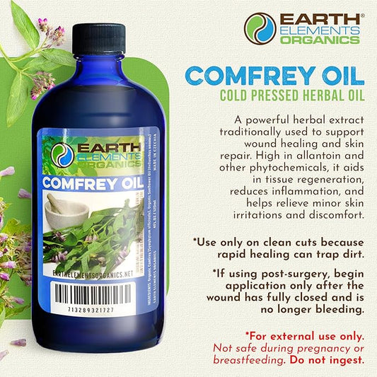 Comfrey Oil Raw with Sunflower Oil, Infused, Pressed Herbal Remedy, Support for Bruises, Sore Muscles, and Healthy Skin, Organic Skincare for All Skin Types - 4 fl oz