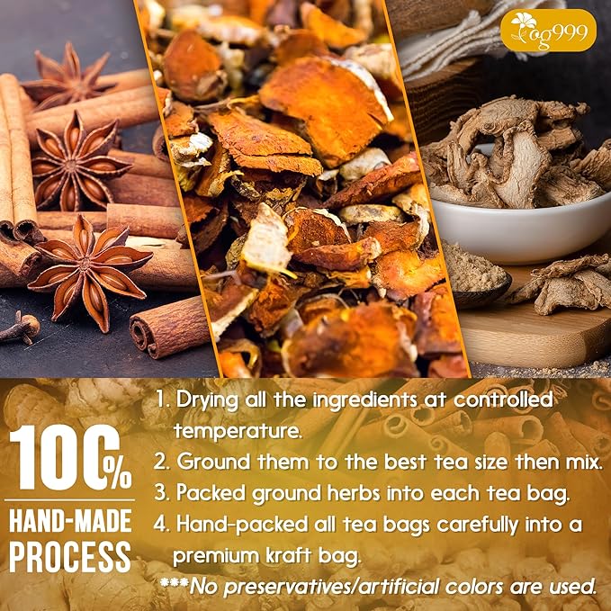 TOG999, 10 Turmeric, Ginger, Cinnamon Tea Bags, 100% Natural, Hand-made Blend of Turmeric, Ginger, and Cinnamon. Eco-conscious Tea Bags. No Sugar, No Caffeine, No Gluten, Vegan.