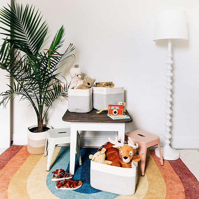 OrganiHaus Set of 3 Woven Storage Baskets for Shelves, Decorative Organizer Bins for Closet & Bathroom, Multipurpose Home Organization Baskets, Toy Storage Basket - Gray/Off-White, 15x9x10 inches