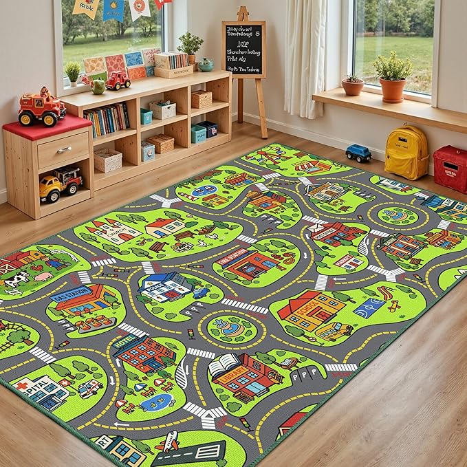 Upgrade Ultra Non Slip Kids Car Rug, Kids Road Playmat Rug for Toy Cars, Educational Town City Map Washable Carpet for Boys Playroom Bedroom, Safer Car Track Play Mat for Children Toddler, 140"x84"