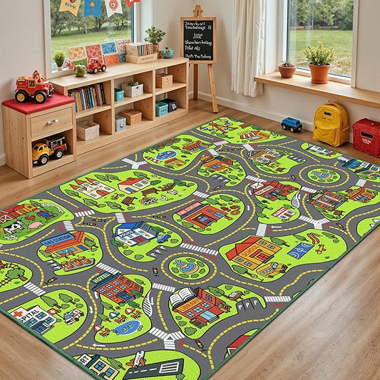 Upgrade Ultra Non Slip Kids Car Rug, Kids Road Playmat Rug for Toy Cars, Educational Town City Map Washable Carpet for Boys Playroom Bedroom, Safer Car Track Play Mat for Children Toddler, 140"x84"