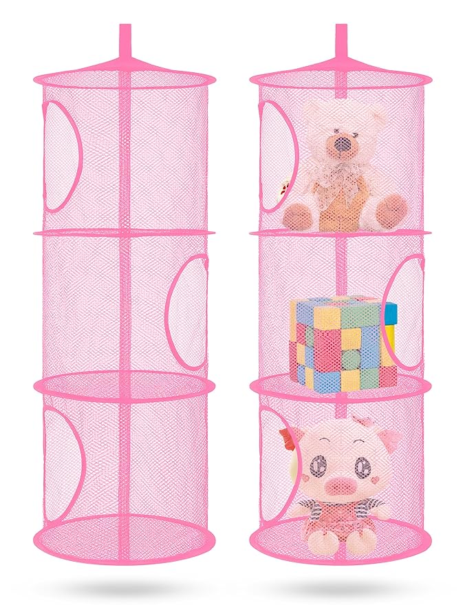 Libeder Mesh Hanging Storage Space Saver Bags Organizer,Foldable Storage Organizer 3 Compartments Toy Storage Basket for Kids Room Bathroom 2 Sets Pink