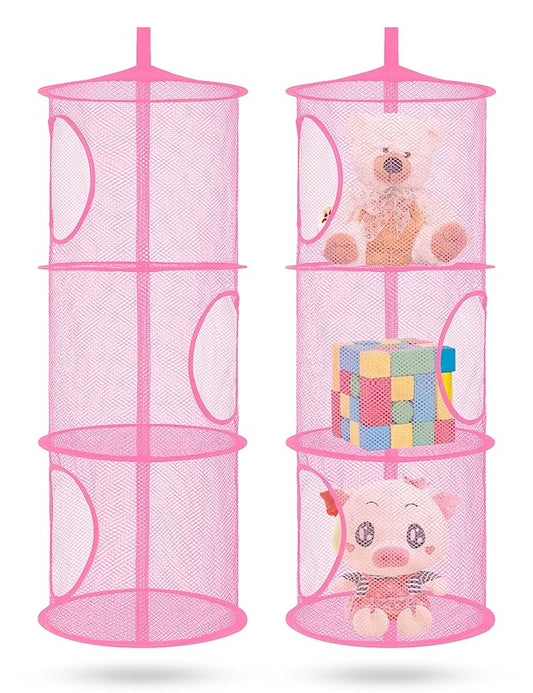 Libeder Mesh Hanging Storage Space Saver Bags Organizer,Foldable Storage Organizer 3 Compartments Toy Storage Basket for Kids Room Bathroom 2 Sets Pink