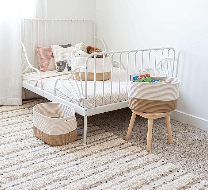 OrganiHaus Set of 3 Woven Storage Baskets for Shelves, Decorative Organizer Bins for Closet & Bathroom, Multipurpose Home Organization Baskets, Toy Storage Basket - Honey/Off-White, 15x9x10 inches