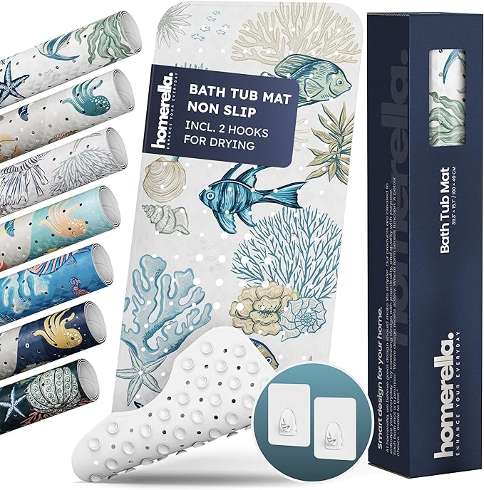 Homerella Baby Bath Tub Mat | Anti Mold Mildew Resistant Non Slip Kids and Adult Bath Tub Shower Mats | 40x16 inch Long with Suction Cups for Secure Grip Hooks for Storage & Drying | Machine Washable