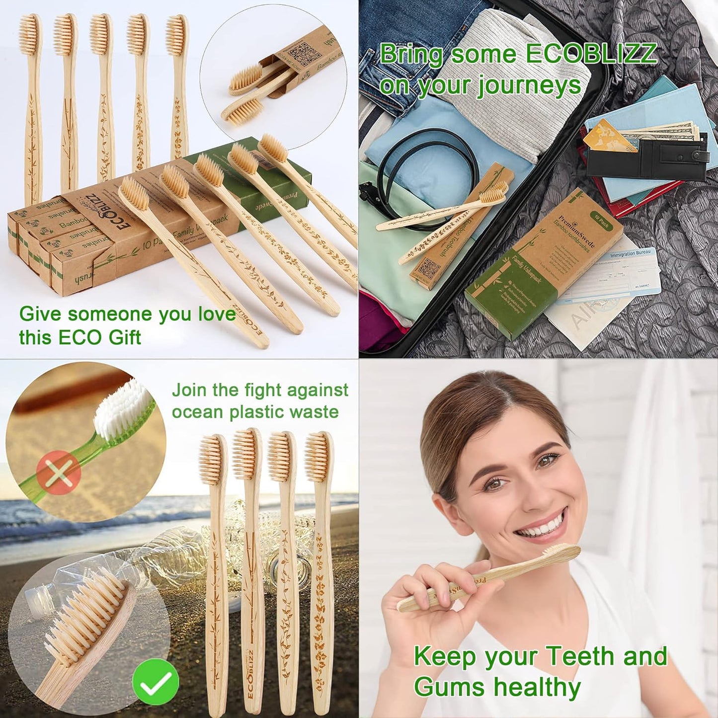 Bamboo Toothbrushes - Biodegradable Eco Friendly Soft Toothbrushes for Adults, Kids - Natural Wooden Toothbrushes with Soft Bristles - 10 Pcs Family Toothbrush Pack