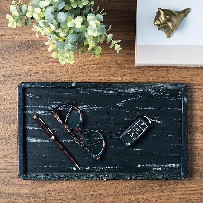 Cork & Mill Black Marble Tray for Bathroom Countertop, Kitchen Counter, or Catchall - 13" x 7½" Large Vanity Tray for Skincare or Perfume - Handcrafted Natural Marble Stone Organizer