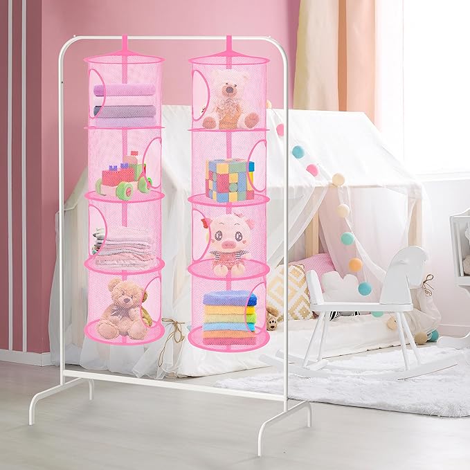 Libeder Mesh Hanging Storage Space Saver Bags Organizer,Foldable Storage Organizer 4 Compartments Toy Storage Basket for Kids Room Bathroom 2 Sets Pink