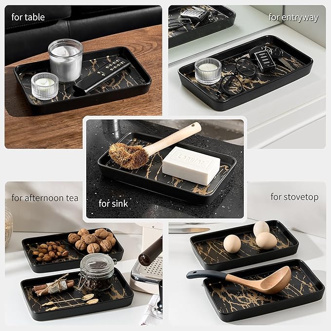 Bathroom Vanity Tray for Countertop,2PC Rectangle Marble Tray Set,Decorative Bathroom Organizer for Scrubber, Lotion Bottles, Perfume, Jewelry, Candle, Key Trinket Ring（Large,Black）