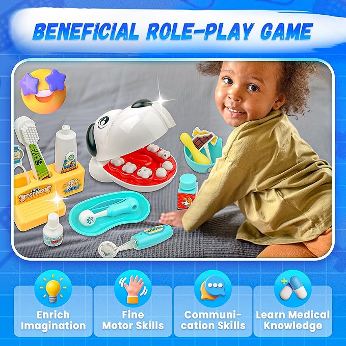 SMILESSKIDDO Dentist Kit for Kids - 26 Pcs Doctor Play Set with Dental Tools and Medical Accessories, Pretend Play for Toddlers - Educational Gifts for Girls Boys 3 4 5 6 7 8