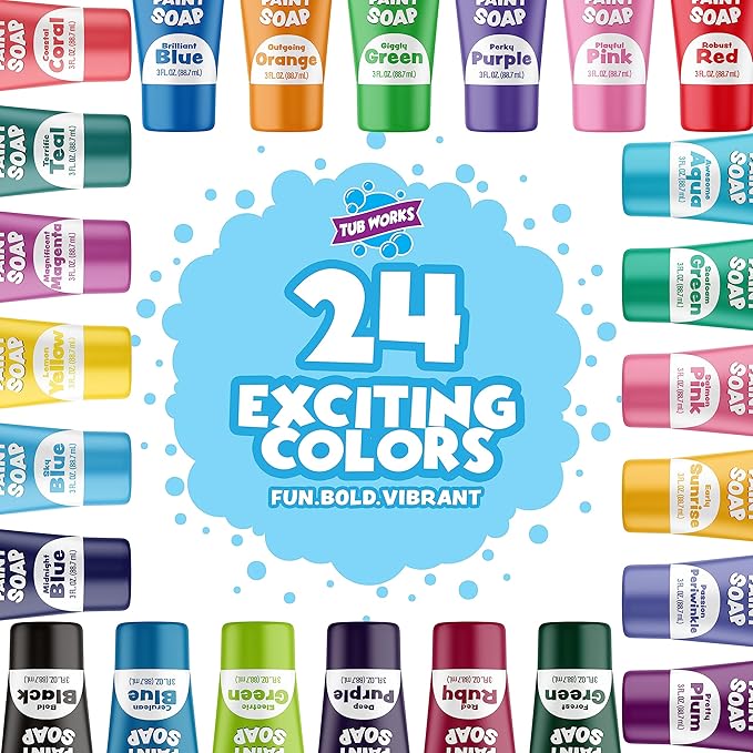 Tub Works® Bath Paint Soap Bath Toy, 24 Pack | Non-Toxic, Washable Bath Paint for Finger Painting in the Tub | Ideal Toddler Bath Toys for Creative Play | Classic & Pastel Bath Colors for Kids Bath