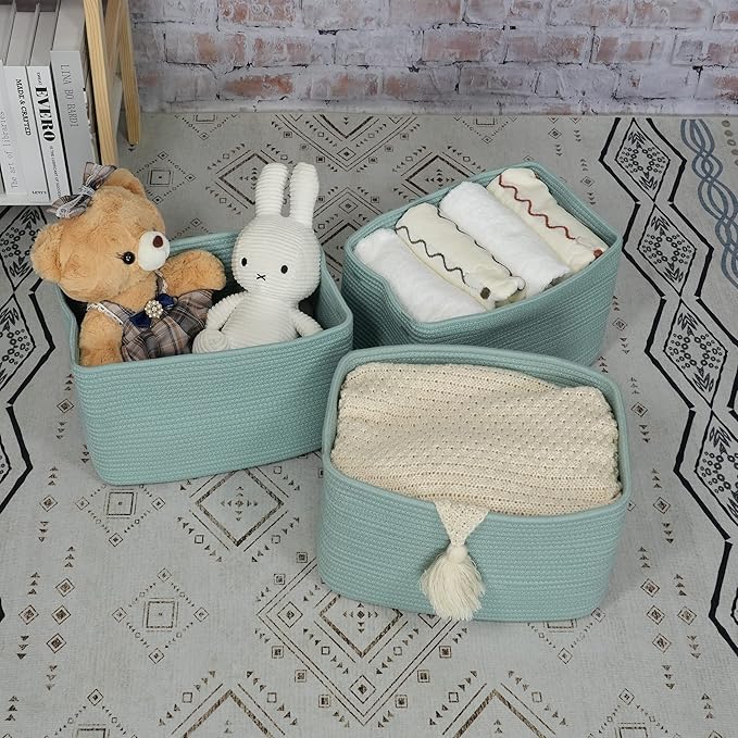 Cotton Rope storage Basket Bins Woven Basket for Organizing Shelves 14.5X9.5X9.3" Rectangle Decorative Baskets For storage Clothes Toys Books Towels Nursery basket organizer 3 pack Green