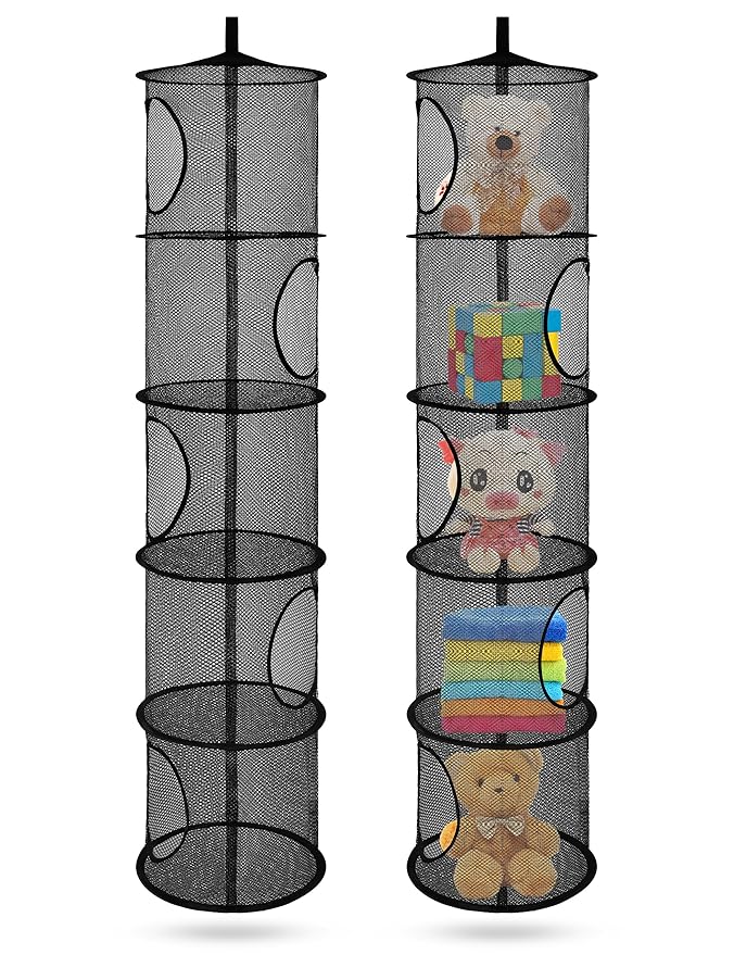 Libeder Mesh Hanging Storage Space Saver Bags Organizer,Foldable Storage Organizer 5 Compartments Toy Storage Basket for Kids Room Bathroom 2 Sets, Black