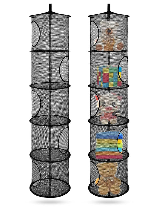 Libeder Mesh Hanging Storage Space Saver Bags Organizer,Foldable Storage Organizer 5 Compartments Toy Storage Basket for Kids Room Bathroom 2 Sets, Black