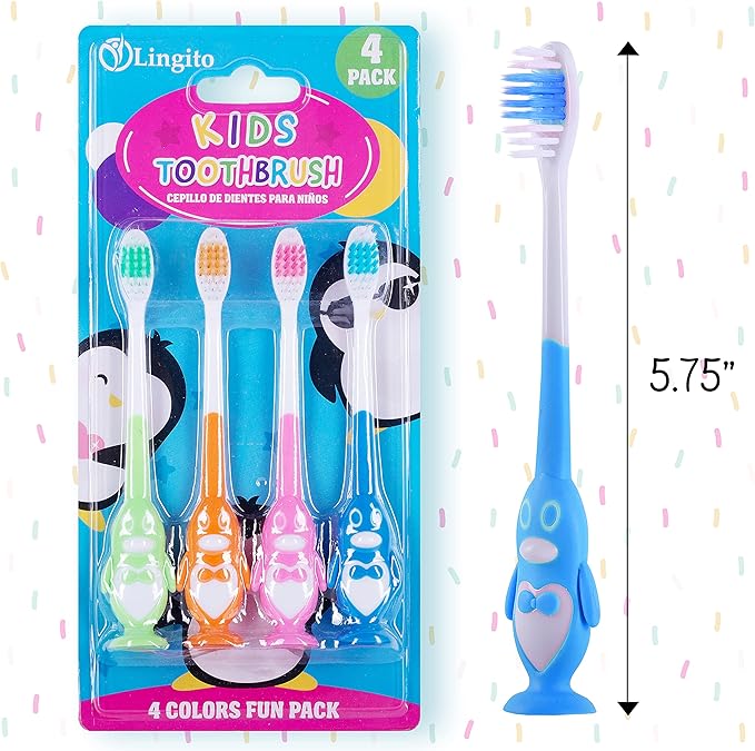 Kids Toothbrush Suction Cup, Toddler Toothbrush Soft Bristles, Child Toothbrush Suction Cups For Easy Access, Toddler Toothbrushes Handles Perfect For Tiny Hands of Boys and Girls (4 Pack - Penguin)