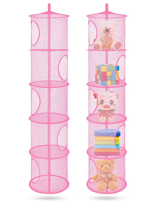 Libeder Mesh Hanging Storage Space Saver Bags Organizer,Foldable Storage Organizer 5 Compartments Toy Storage Basket for Kids Room Bathroom 2 Sets Pink