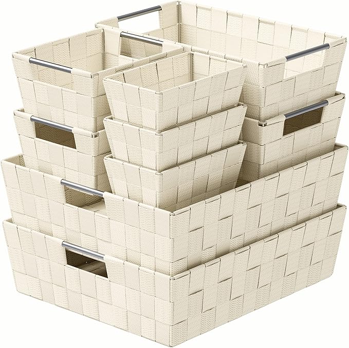Baskets For Organizing Set Of 9 Cream - Storage Baskets For Shelves - Perfect Closet Organizer Bins, Bathroom Basket, and Pantry Basket - Small Storage Bins For Shelves - Bin For Organization