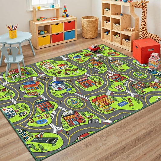 Upgrade Ultra Non Slip Kids Car Rug, Kids Road Playmat Rug for Toy Cars, Educational Town City Map Washable Carpet for Boys Playroom Bedroom, Safer Car Track Play Mat for Children Toddler, 100"x60"