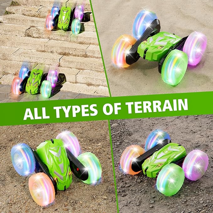 Remote Control Car for Boy 6-12 with Flashing Light, 6 7 8 9 Years Old Boy Toys, Race RC Cars Stunt Drift 4WD 2.4Ghz Double Sided 360° Flip, Boys Gift Idea for Kids Birthday Christmas, Green