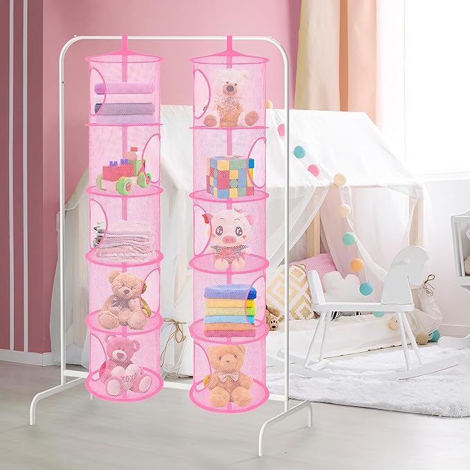 Libeder Mesh Hanging Storage Space Saver Bags Organizer,Foldable Storage Organizer 5 Compartments Toy Storage Basket for Kids Room Bathroom 2 Sets Pink