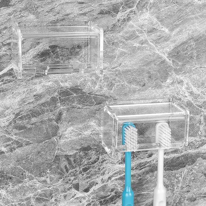 2 Pack Toothbrush Holder Wall Mounted with Cover for Bathroom, 2 Slots Toothbrush Storage Organizer for Shower, Self Adhesive Toothbrush Hanger Rack for Dorm, Cabinet (Clear)