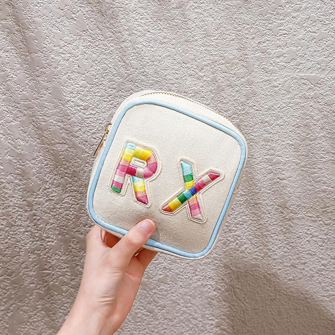 Small Canvas Rx Medicine Packages, Cute Chenille Letter Patch Drug Makeup Bag with Metal Zipper, Mini Travel First Aid Purse Organizer Machine Washable (03Blue-Rainbow)