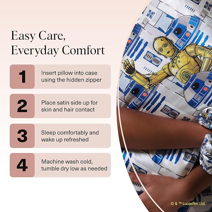 Kitsch x Star Wars R2-D2 & C-3PO Satin Pillowcase | Satin Pillowcase with Zipper, Better Than Silk Pillowcase | Frizz-Reducing Pillow Case for Hair & Skin Care, Cooling & Breathable - King