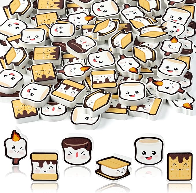 CJiangpo 60Pcs Marshmallow Mini Erasers for Kids Bulk Cute Cartoon Pencil Rubber Eraser Campfire Camping Themed Party Favors Filler Kids School Classroom Prizes Gifts