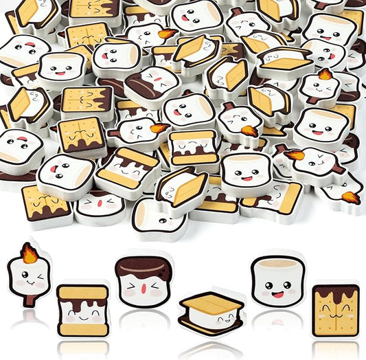 CJiangpo 60Pcs Marshmallow Mini Erasers for Kids Bulk Cute Cartoon Pencil Rubber Eraser Campfire Camping Themed Party Favors Filler Kids School Classroom Prizes Gifts