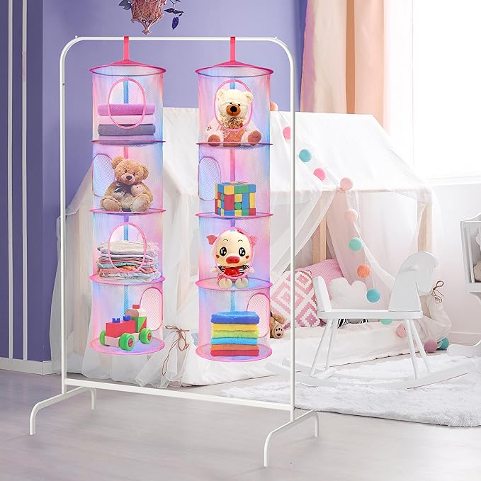 Libeder 2Pcs Mesh Hanging Storage Organizer, 4 Compartments, Foldable, Portable, Casual Style, Hanging Organizer for Kids Room, Pink (Rainbow Tie Dye)