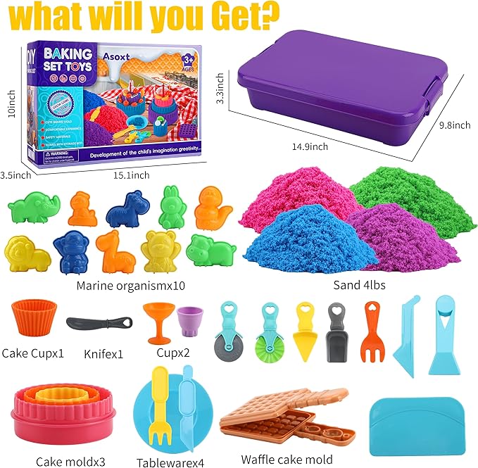 Asoxt Sensory Bin for Boy Girl Kid Toy - 43pcs Play Sand Art Kit with Sandbox, 4lb Color Sand, 17 Molds, Sensory Toy Birthday Gift for Girl Toddler Ages 3-8