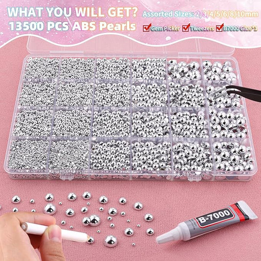 13500Pcs Flatback Pearls for Bedazzling (Silver) with B7000 Jewelry Glue, Assorted Size 2/3/4/5/6/8/10mm Half Pearl, Bedazzling Gems for Crafting Clothing Tumbler Shoes Embellishment Nail Art
