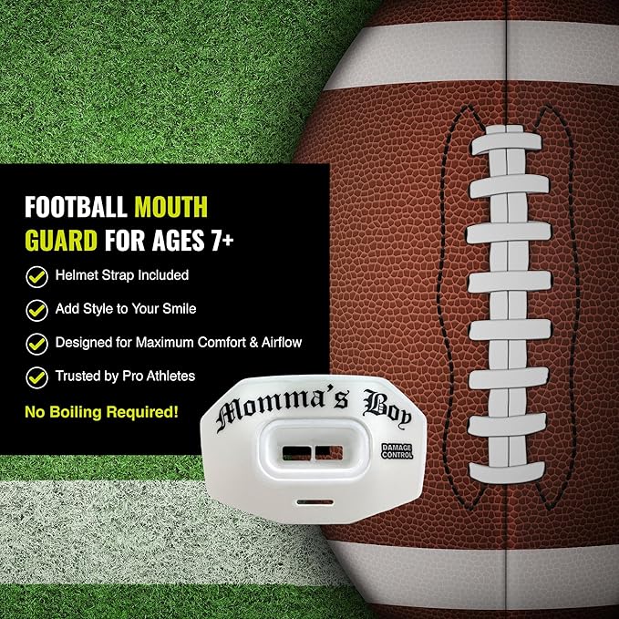 DAMAGE CONTROL Youth Football Mouth Guard – Breathable No Boil Mouthpiece, Protects Lips & Teeth, Works with Braces, Includes Helmet Strap – Sports Gear & Accessories (Momma's Boy)
