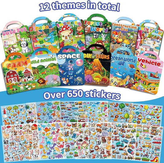12 Set Reusable Sticker Books for Toddlers 2-4 1-3, Kids 3D Puffy Sticker Activity Books, Birthday Party Favors Goodie Bags Stuffer